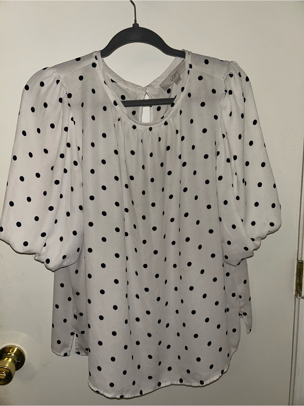 LOFT White Blouse with Black Polka Dots and Puff Sleeves